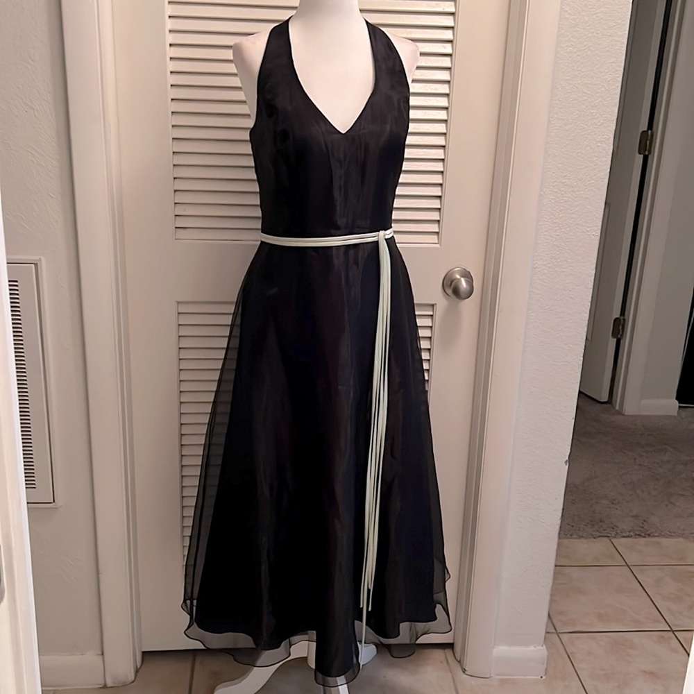 David’s Bridal Black Halter Dress Pale Green Tie Belt size 10